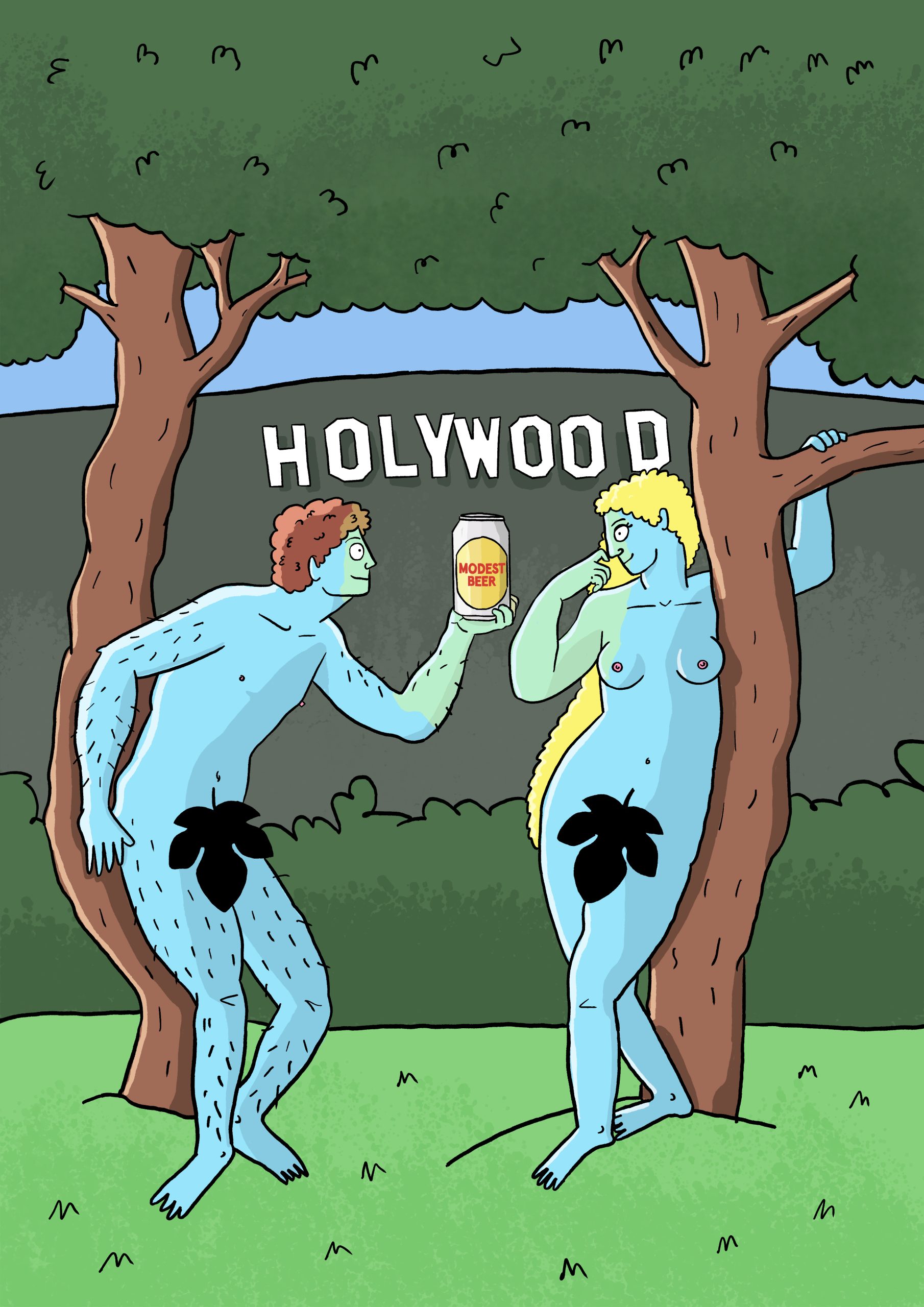 Illustration of Adam holding and can on Modest Beer, tempting Eve in to a tasty drink. With the Holywood sign in the background. Illustration by Dean Machala.
